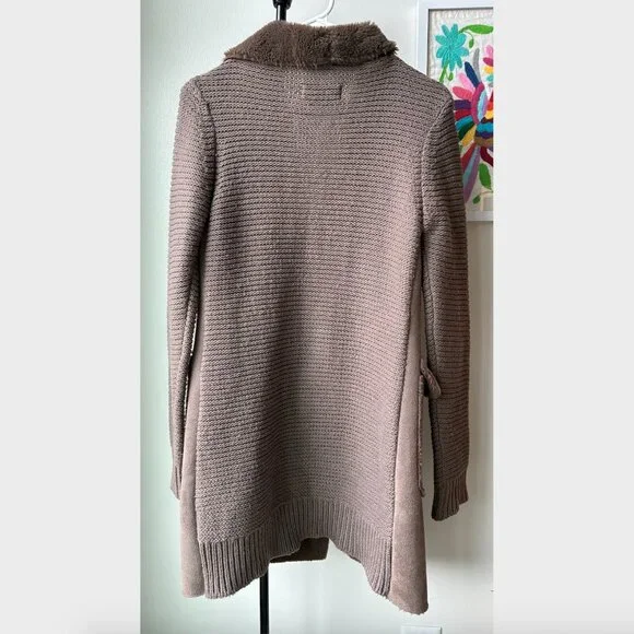 Anthropologie Brown Piper Open Front Faux Fur Trim Ribbed Sweater Coat - Size XS - Picture 8 of 11